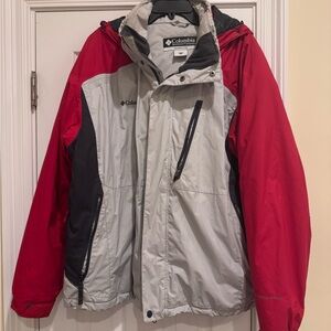 Columbia Omni-Tech Waterproof Ski Jacket Red Gray Men’s XL Hooded Winter Coat